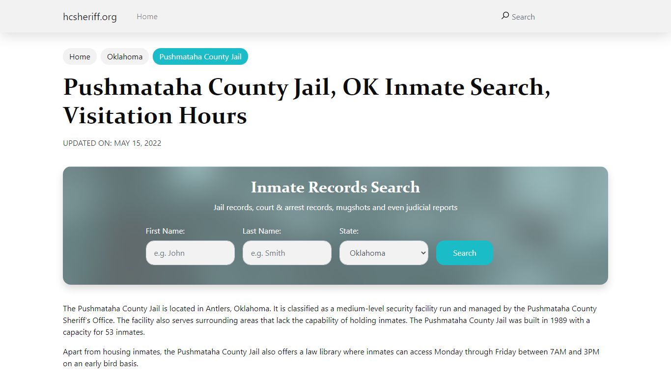 Pushmataha County Jail, OK Inmate Search, Visitation Hours