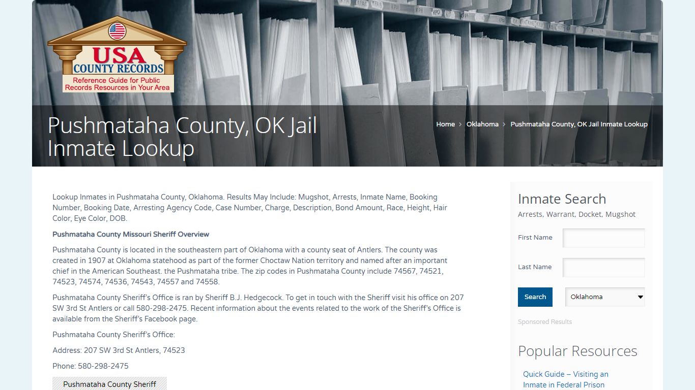 Pushmataha County, OK Jail Inmate Lookup | Name Search